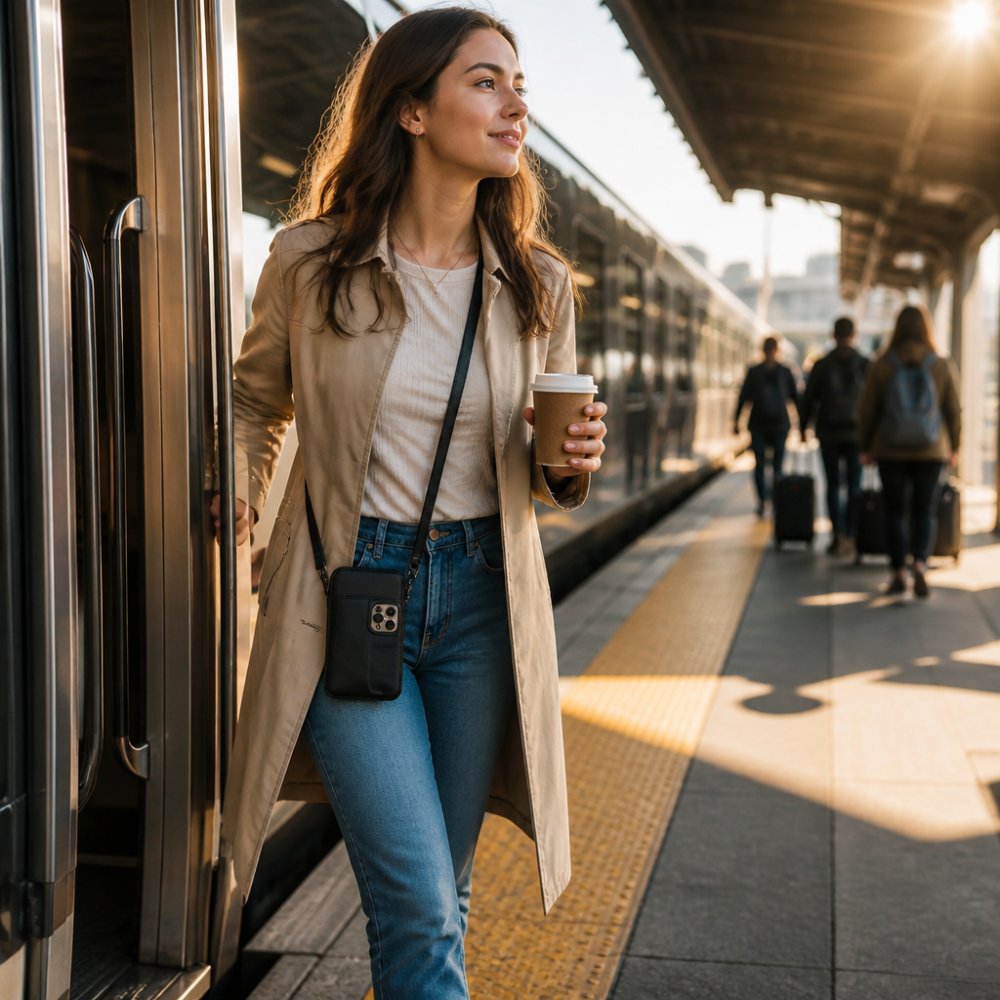 Commuter wearing a stylish crossbody phone case while boarding a train with coffee, one of many essential travel accessories.