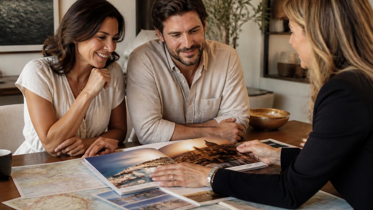 Couple sitting together at travel advisor's desk reviewing custom itinerary with destination photos and maps spread across the surface, warm office lighting