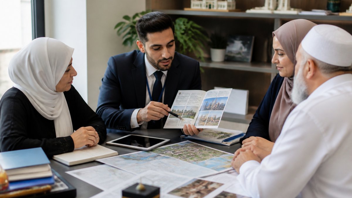 Travel agent discussing Hajj itineraries and accommodations with pilgrims at the best travel agency for Hajj pilgrims