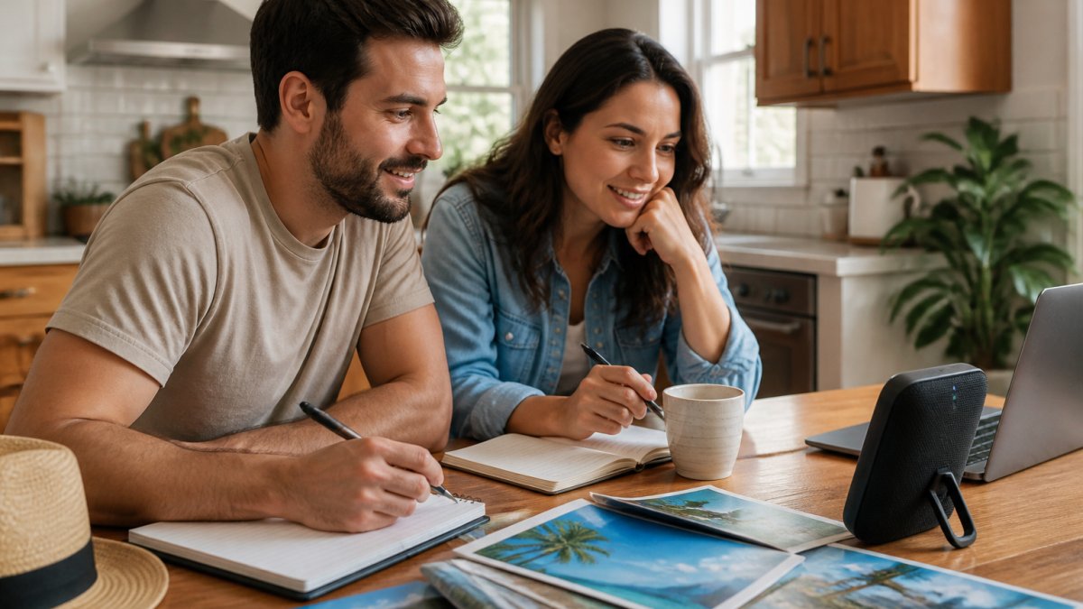 A couple sitting at a kitchen table with a laptop, notebooks, and destination brochures, talking with a travel advisor on speakerphone in warm afternoon light