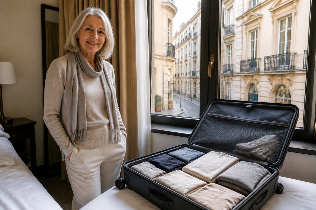 Older traveler packing neutral travel apparel in a neatly organized suitcase in a sunlit European hotel room