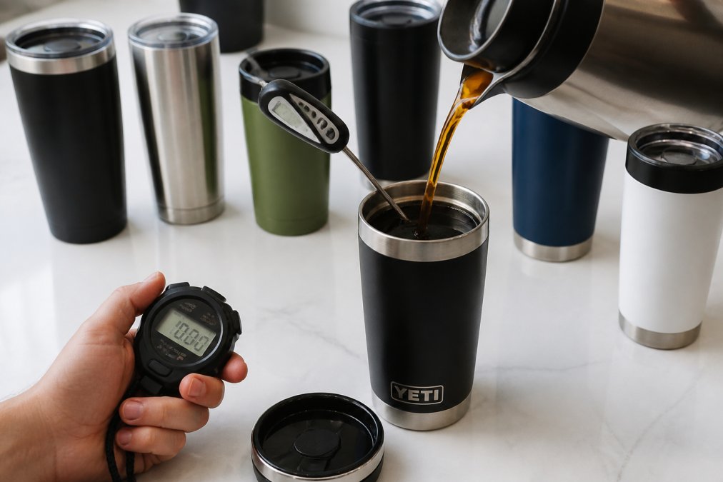 Close-up of multiple travel mugs arranged on a white table with a digital thermometer probe inserted into one mug, a stopwatch visible, and hot coffee being poured from a kettle into a YETI Rambler during thermal testing