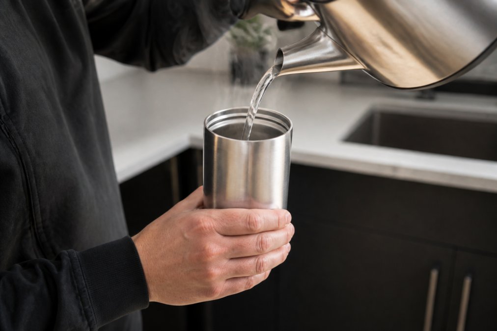 Close-up of hands holding a vacuum-insulated stainless steel travel mug with visible steam rising from the open lid, showing hot water being poured from a kettle into the mug for preheating technique