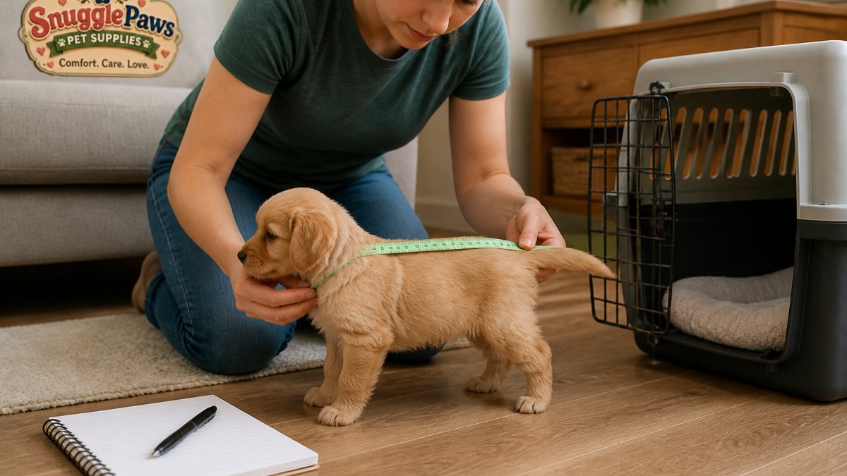 Person kneeling on the floor and measuring a puppy from chest to tail for a properly sized travel crate