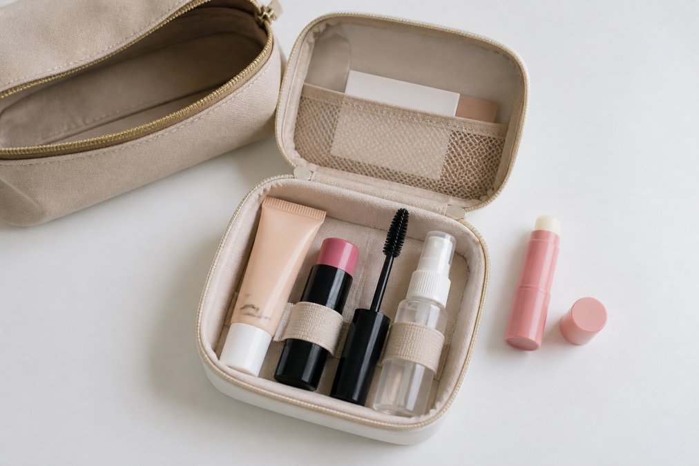 Flat lay of a compact travel makeup kit open on a white surface, showing a tinted moisturizer tube, blush stick, mascara wand, small setting spray bottle, and lip balm arranged neatly beside a mini toiletry bag on a clean white background with soft natural lighting