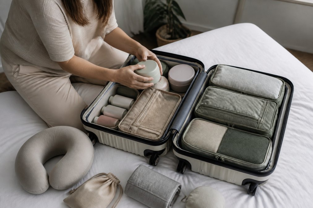 Traveler efficiently packing a carry-on suitcase with collapsible silicone containers, compression cubes, and compact accessories arranged in an organized system, showing space-saving techniques in action
