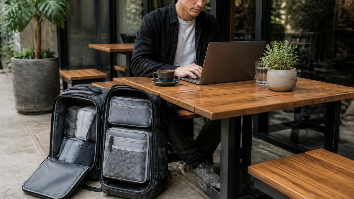 Digital nomad working at a café table with an open backpack nearby, laptop set up, showing organised compartments and packing cubes visible inside the bag