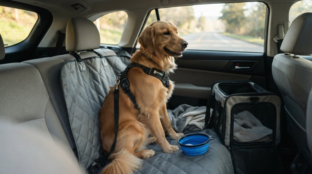A dog sitting comfortably in a car with multiple travel accessories visible, a padded harness, protective seat cover, collapsible water bowl, and carrier, showing a well-prepared travel setup