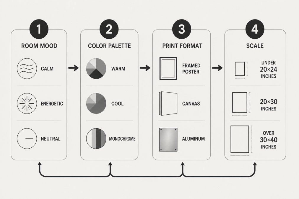 Flowchart showing how to select travel photography prints for modern homes: Step 1 Room Mood (calm/energetic/neutral), Step 2 Color Palette (warm/cool/monochrome), Step 3 Print Format (framed poster/canvas/aluminum), Step 4 Scale (under 20x24 / 20x30 / over 30x40 inches)