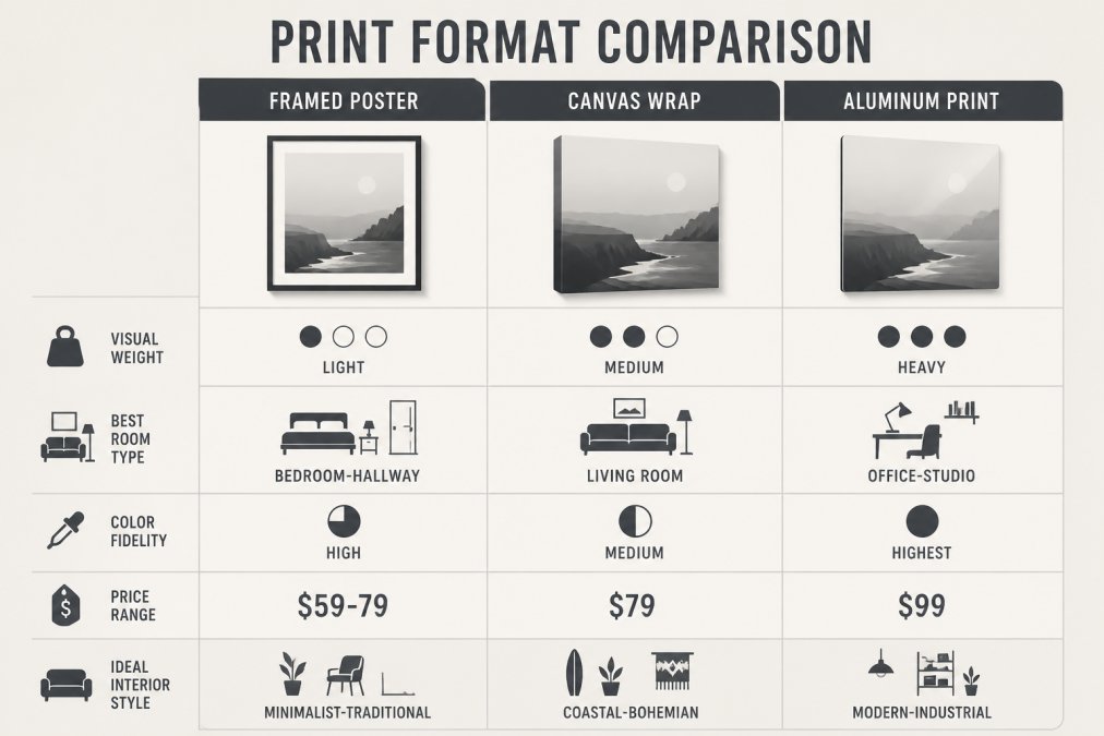 Comparison matrix of three print formats (Framed Poster, Canvas Wrap, Aluminum Print) across five criteria: visual weight (light/medium/heavy), best room type (bedroom-hallway/living room/office-studio), color fidelity (high/medium/highest), price range ($59-79/$79/$99), and ideal interior style (minimalist-traditional/coastal-bohemian/modern-industrial)