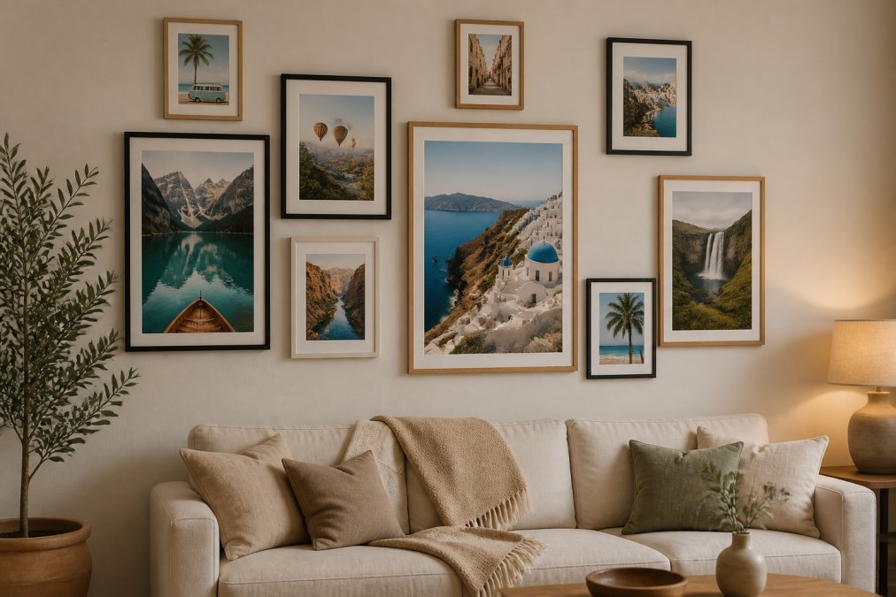 Beautifully arranged gallery wall featuring multiple travel posters in mixed black, white, and oak frames of varying sizes, hung at eye level above a cream linen sofa, showing complementary travel-themed artwork with warm lighting
