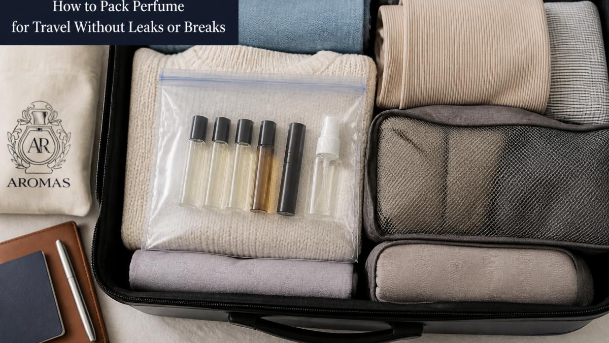 Overhead shot of an open carry-on suitcase with a clear quart-sized TSA liquids bag holding several small perfume sample vials, a rollerball, and a travel spray, surrounded by neatly folded clothes and packing cubes