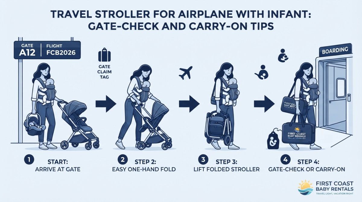 Parent folding a lightweight travel stroller at an airport gate with a baby in a carrier, showing the practical ease of the compact fold