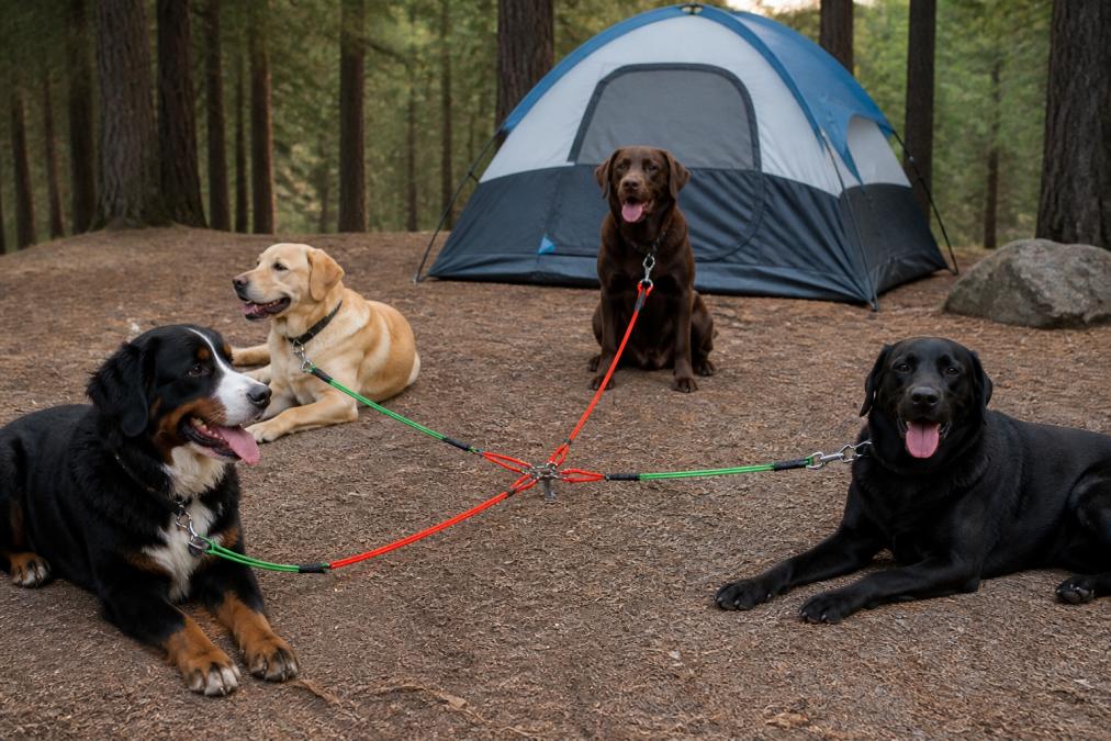 Multiple large dogs secured on a tie-out system with visible 360-degree swivel connectors and properly spaced leads during outdoor camping, showing how the system prevents tangling