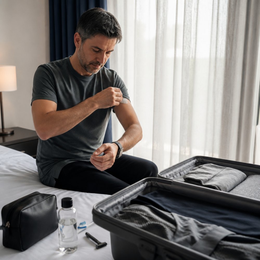 A business traveler applying a small patch to their arm in a bright hotel room, suitcase open nearby, morning light through the window
