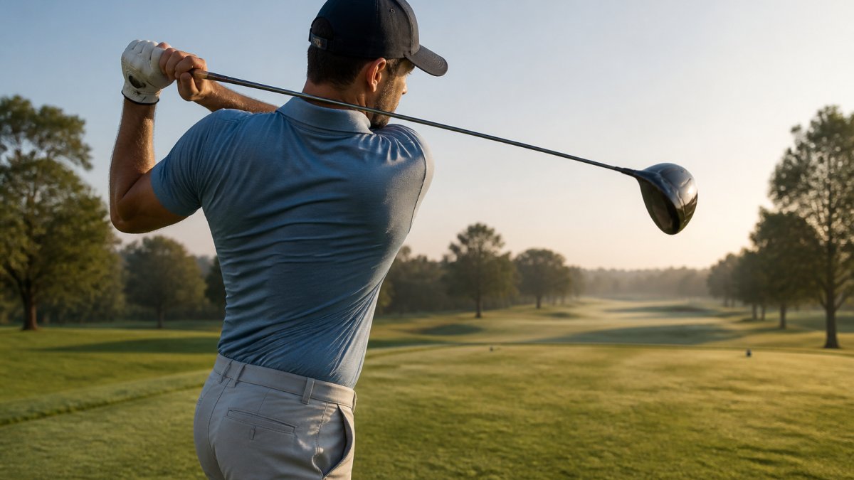 Golfer in performance polo mid-swing on manicured fairway, showing stretch fabric movement and fit in action, early morning golden light