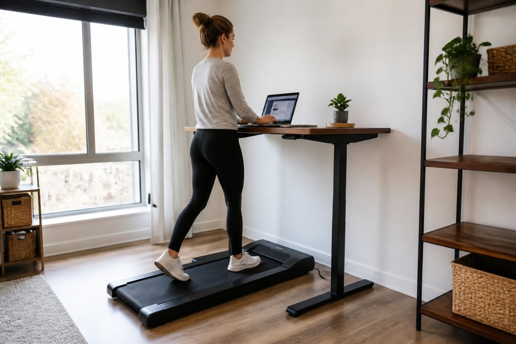 A professional in a small, tidy home office walking on a slim folding treadmill positioned under a standing desk, laptop open on the desk surface, warm natural light coming through a window to the left, wooden floor visible around the machine