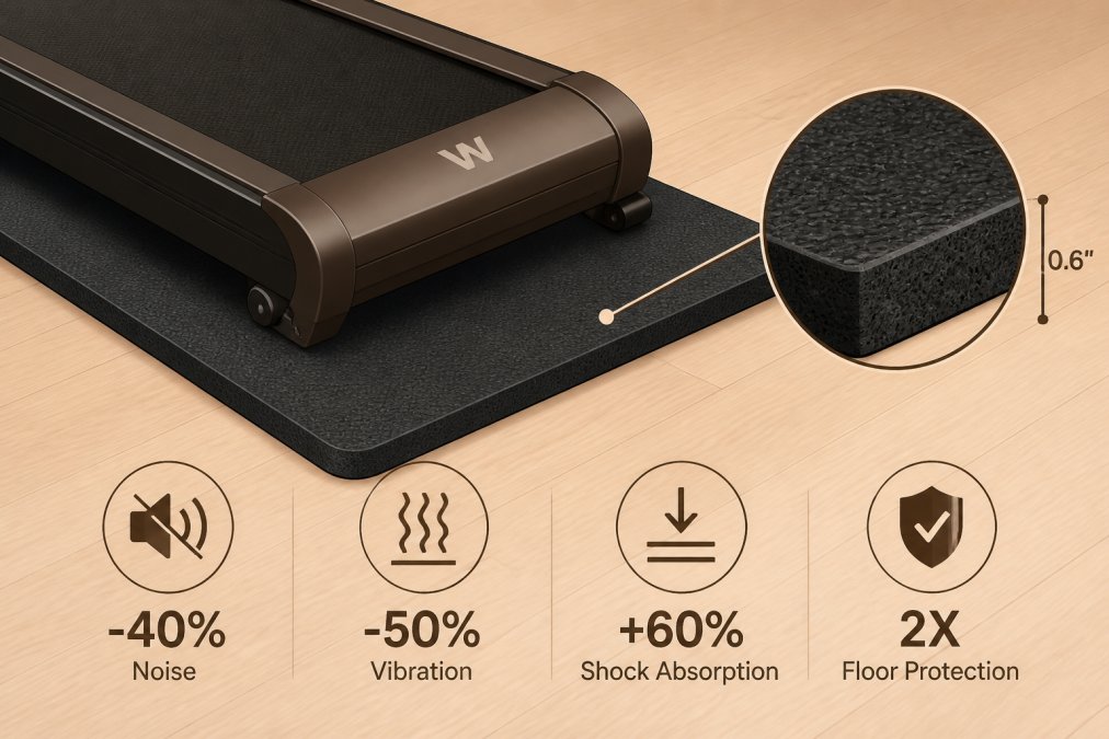 Close-up of a thick black rubber anti-vibration mat placed under the front end of a compact folding treadmill on a light hardwood apartment floor, showing the contrast between the mat's textured surface and the wood grain, soft overhead lighting