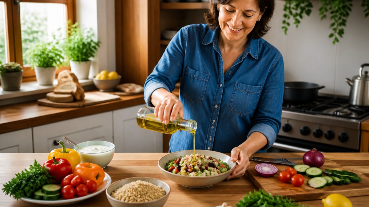 Person preparing a healthy Mediterranean meal with fresh vegetables, whole grains, and olive oil on a kitchen counter with natural morning light