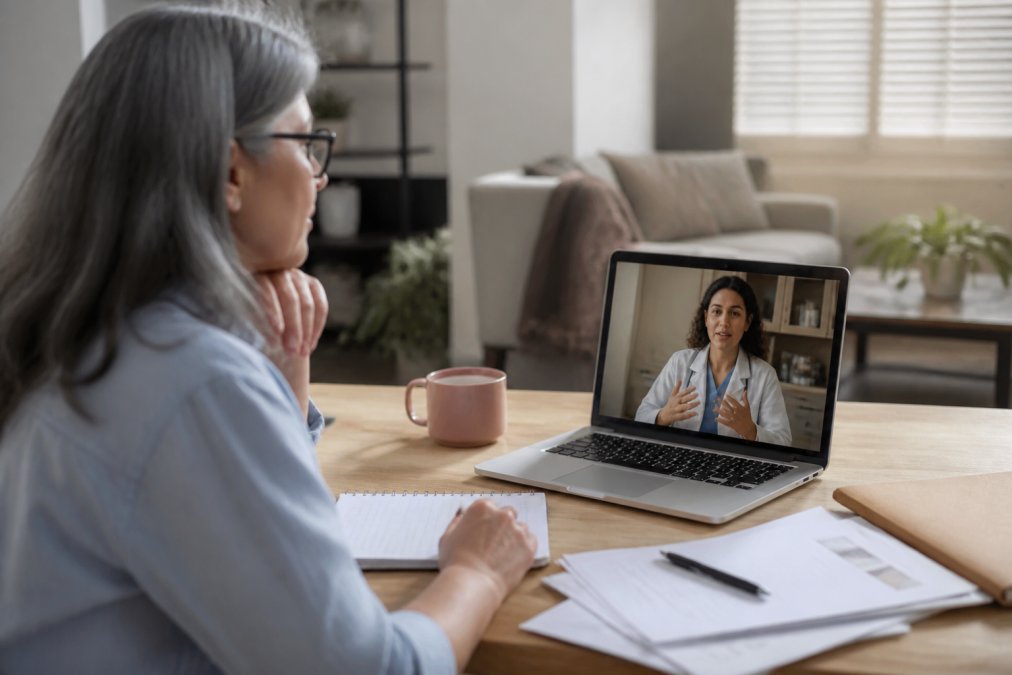 Woman in her 50s having a virtual consultation with a healthcare provider on a laptop, sitting in a comfortable home office with notes and health documents nearby