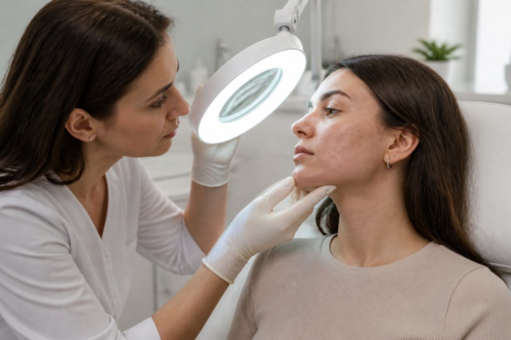 Dermatologist using a magnifying lamp to examine deep acne scars on a patient in a professional clinic