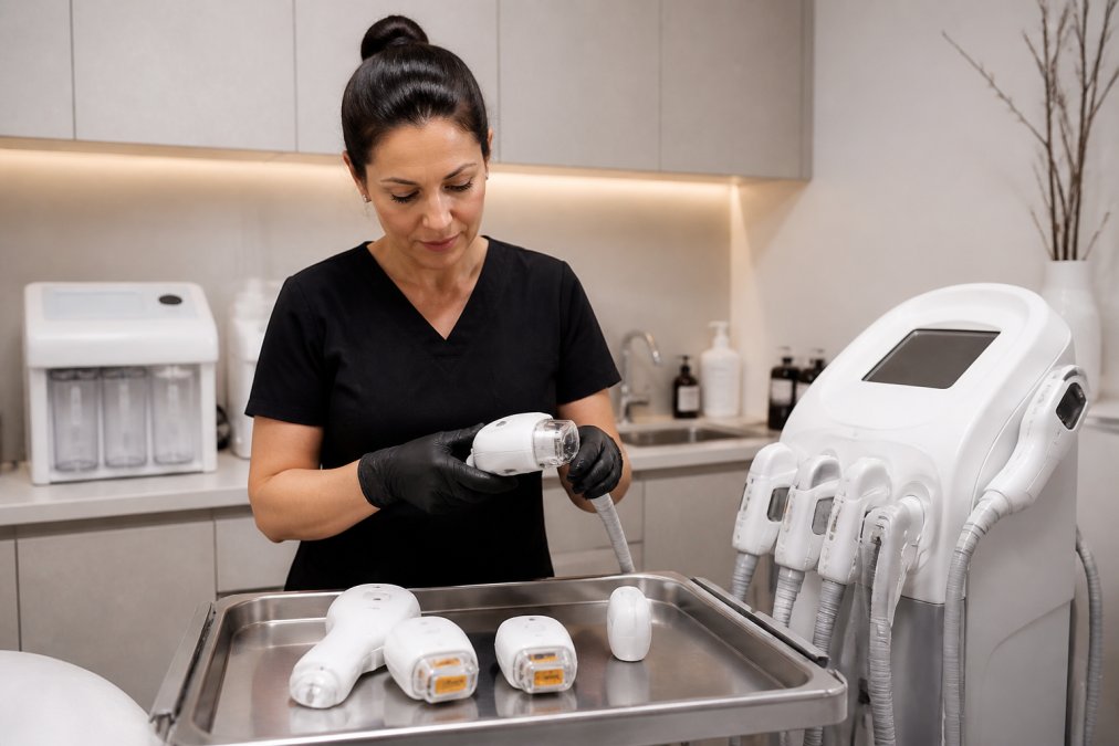 A licensed esthetician in a clean clinical treatment room preparing a professional skin tightening device on a stainless steel tray, with soft overhead lighting and medical-grade equipment visible in the background