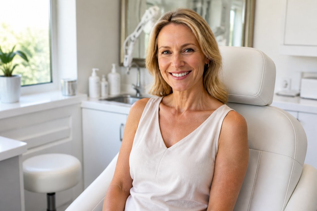 A woman in her late 40s smiling confidently in a bright, calm clinical skincare studio, seated in a treatment chair with natural light coming through a window, conveying self-assurance and ease