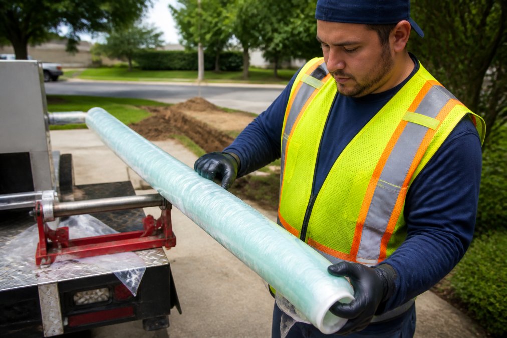 A technician in a safety vest and gloves inspecting a length of epoxy-saturated liner tube before installation, with a clean residential driveway and minimal excavation visible in the background