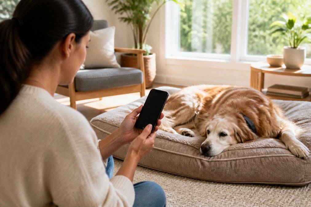 Person checking PetPace smart collar vital signs on their smartphone while their senior dog rests peacefully in a bright living room with natural sunlight streaming through windows