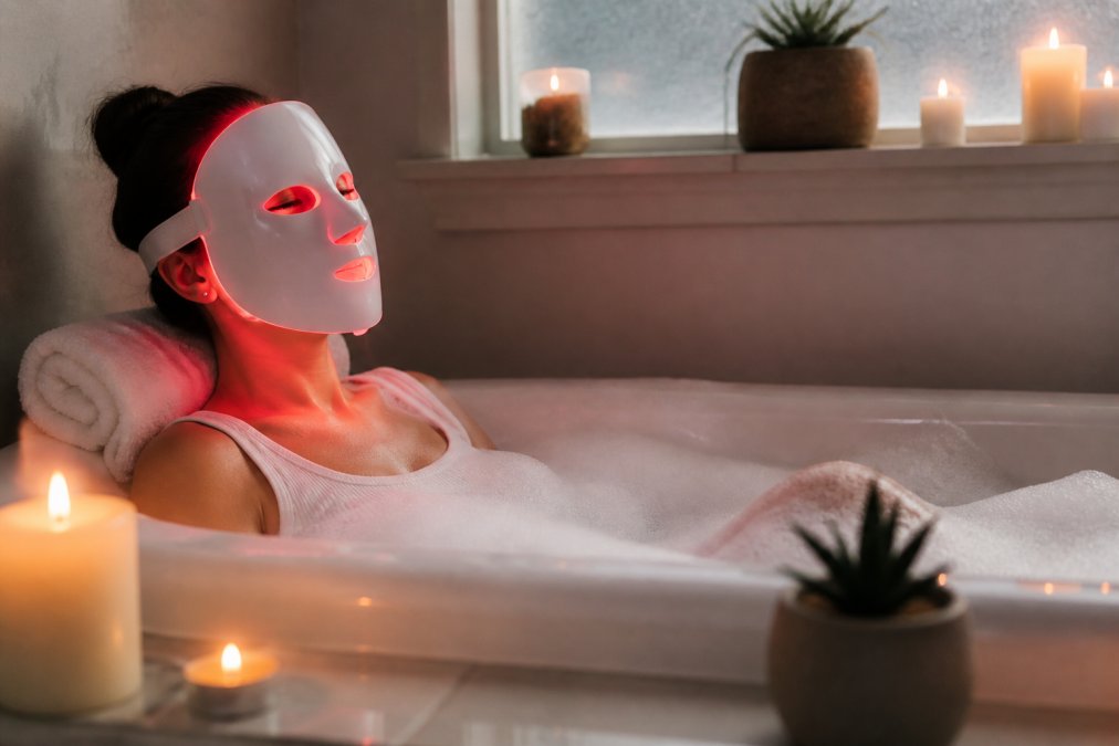 Woman relaxing in spa-like bathroom setting while using an at-home LED light therapy mask on her face, with soft warm lighting from candles and natural light through frosted window creating serene atmosphere