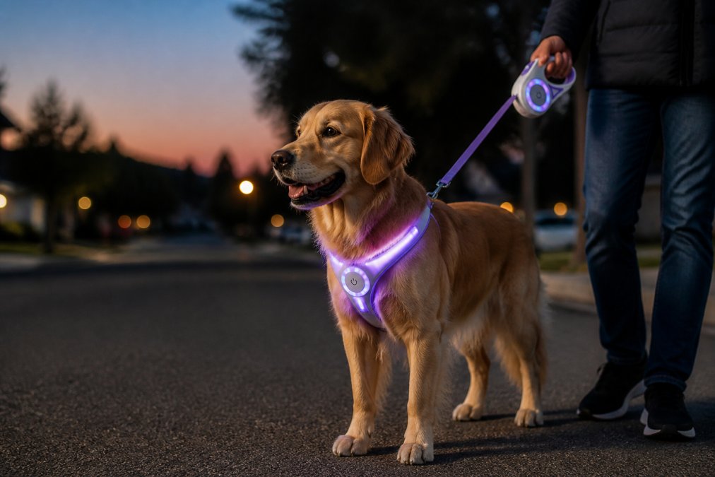 A dog wearing an LED safety harness during an evening walk on a suburban street, with the bright LED lights clearly visible against the twilight sky, showing the pet's comfort and the owner holding the leash with confidence