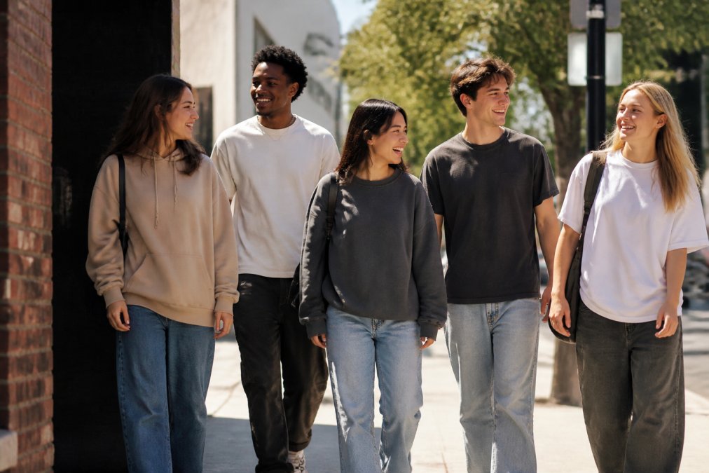 A group of stylish young adults in casual streetwear outfits, graphic tees, wide-leg denim, and cozy sweatshirts, laughing and walking together on a sunny urban sidewalk, natural afternoon light casting soft shadows