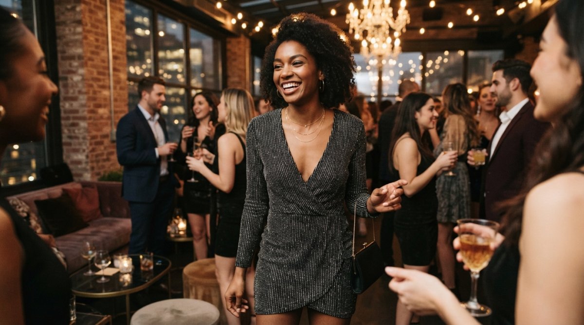 A confident woman in her 20s wearing a stylish glitter stripe mini dress with a deep V neckline, posing at a chic evening event with warm bokeh lights in the background