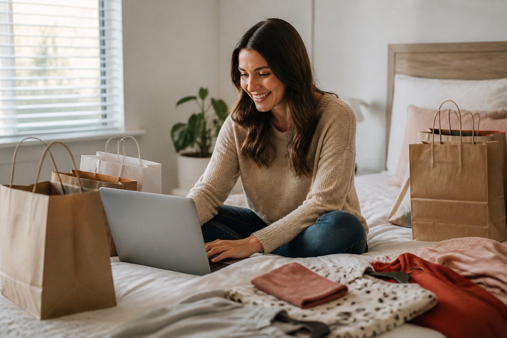 A young woman sitting on a bed surrounded by shopping bags and an open laptop, smiling while browsing an online clothing store, soft natural light through a window, casual and inviting atmosphere