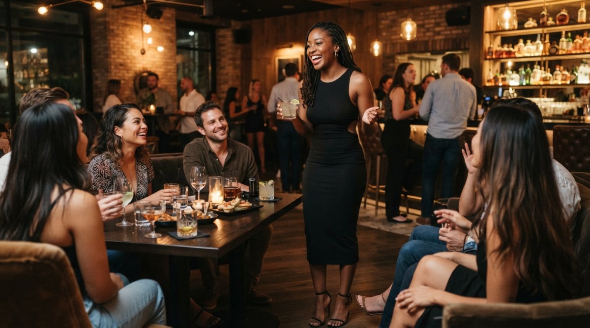 Woman wearing a sleek black bodycon midi dress with strategic side cutout details, standing confidently in a modern lounge setting with warm ambient lighting and reflective surfaces