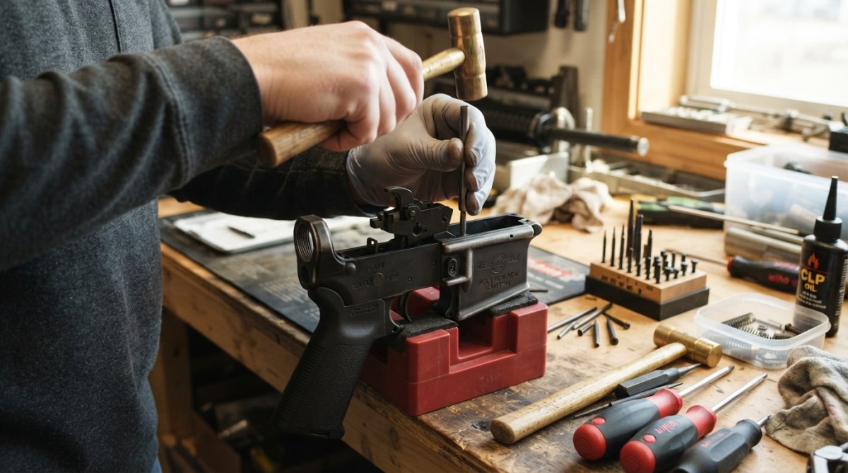 Close-up of hands removing trigger assembly from AR-15 lower receiver on workbench with gunsmithing tools, screwdrivers, and anti-walk pins nearby under bright task lighting