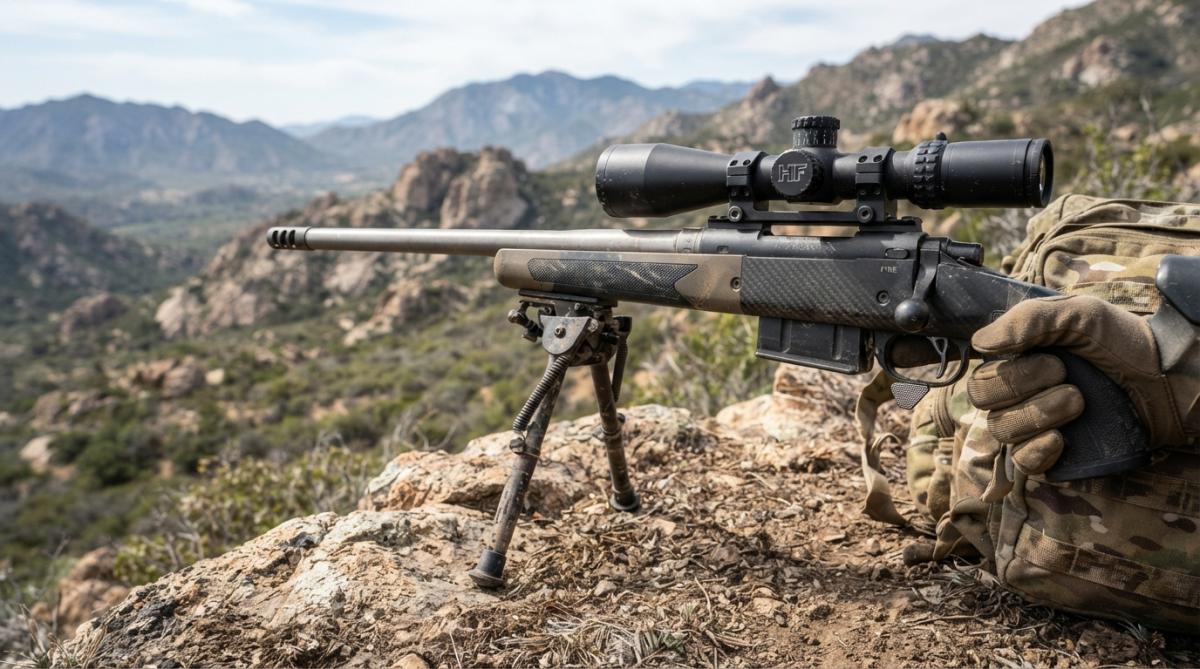 Custom precision rifle with flat-blade trigger components mounted outdoors in rugged terrain under natural sunlight, showing real-world field deployment
