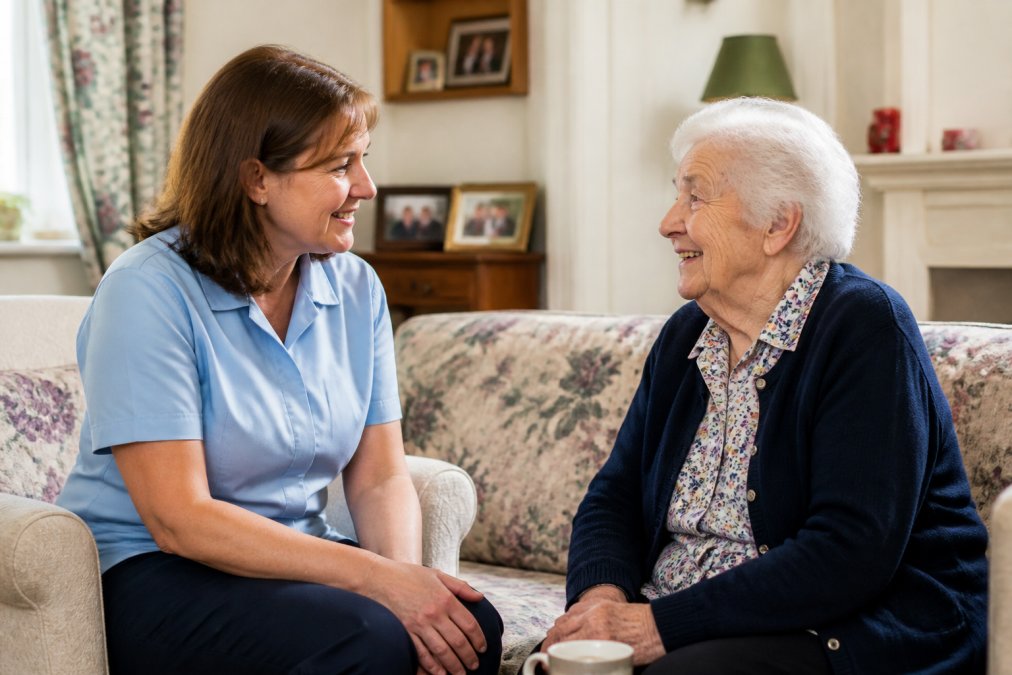 A friendly professional female carer in her 40s having a warm conversation with an elderly woman in a bright, tidy living room in a UK home
