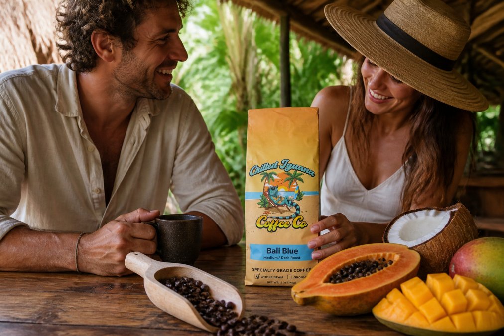 Close-up of freshly roasted coffee beans in a wooden scoop with tropical fruits like mango, papaya, and coconut arranged nearby on a warm-toned wooden surface