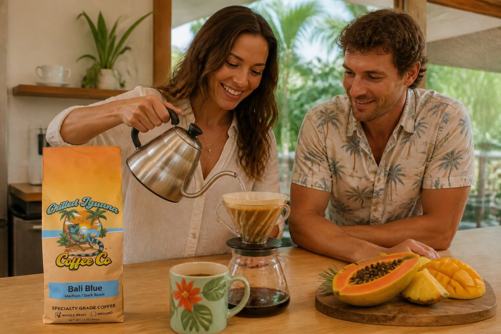 Hands pouring hot water over coffee grounds in a pour-over setup with a tropical-themed mug and fresh fruit tasting notes visible in the background on a light wooden counter