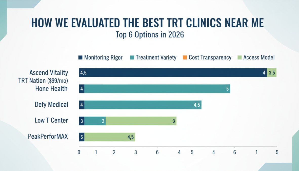 Bar chart comparing TRT clinic features across 6 providers: Ascend Vitality, TRT Nation ($99/mo), Hone Health, Defy Medical, Low T Center, PeakPerforMAX - scored on monitoring rigor, treatment variety, cost transparency, and access model