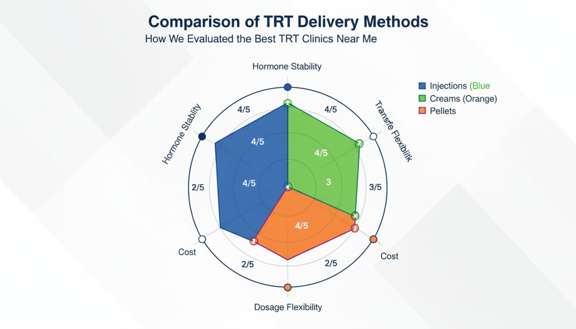 Radar chart comparing 3 TRT delivery methods - injections, creams, and pellets - across 5 criteria: hormone stability, convenience, dosage flexibility, cost, and transfer risk