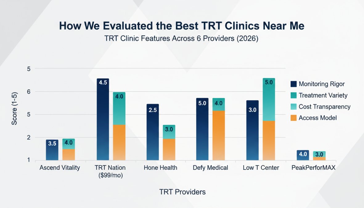Feature overview showing Bar chart comparing TRT clinic features across 6 providers: Ascend Vitality, TRT Nation ($99/mo),...