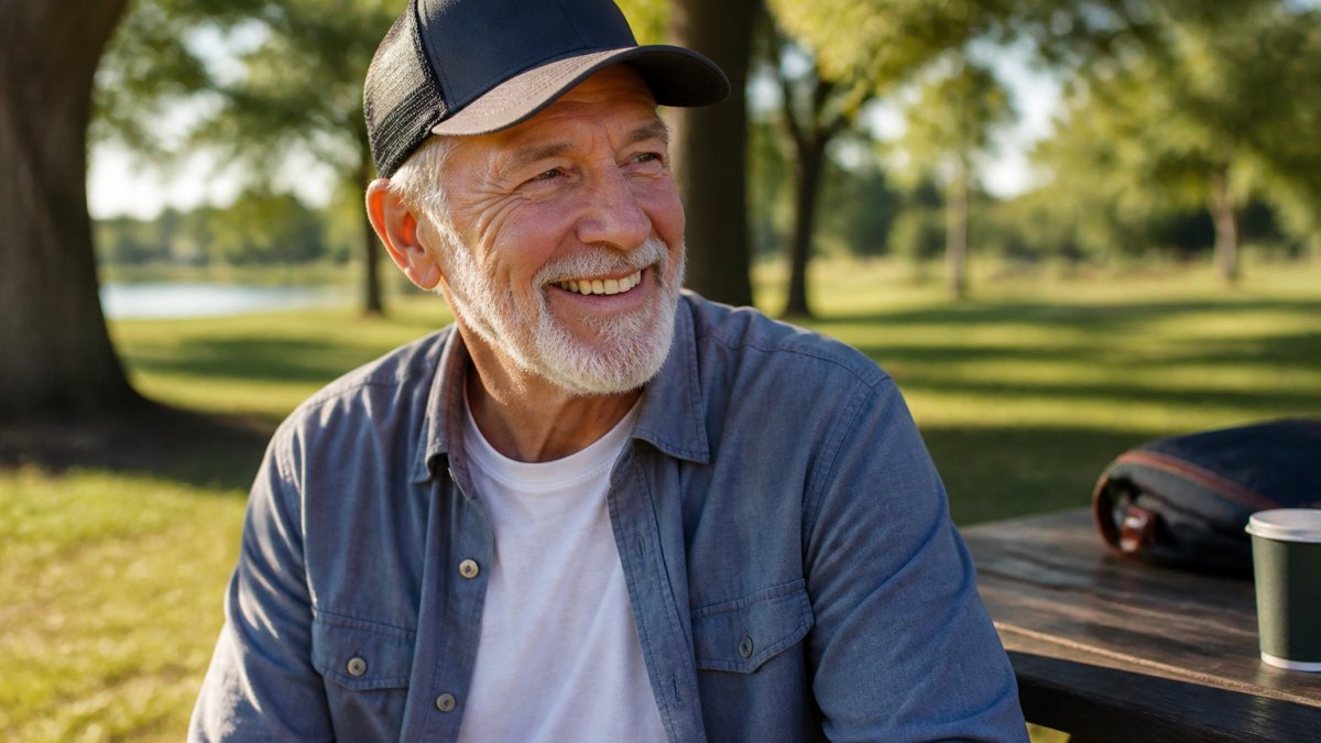 A man in his 60s wearing a comfortable trucker hat outdoors in natural sunlight, smiling while enjoying a casual afternoon activity in a park setting