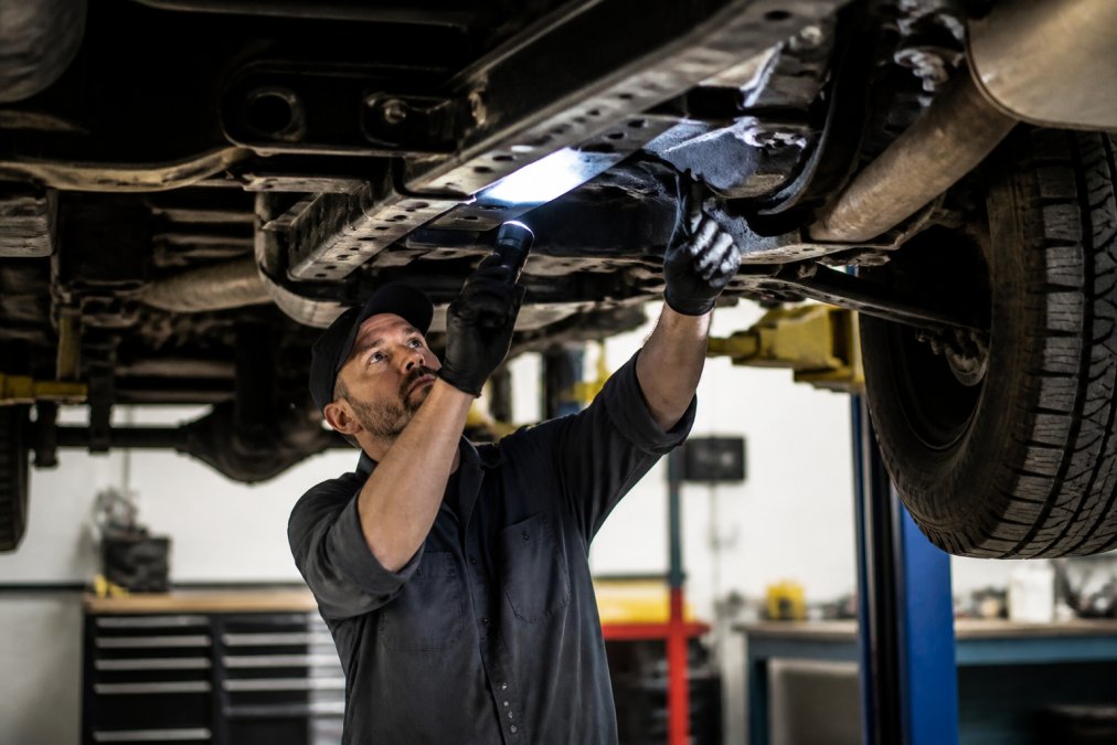 Mechanic inspecting the suspension of a truck for heavy duty work in a garage