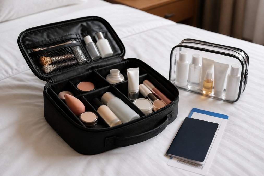 Organized toiletry bag with travel-size makeup products, solid beauty items, and skincare bottles neatly arranged with compartments, showing a quart-sized clear TSA bag positioned nearby with a passport and boarding pass