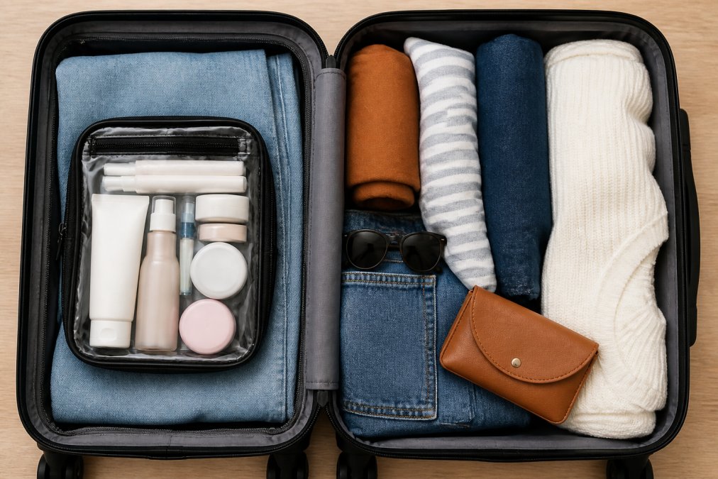 Overhead view of packed carry-on luggage with a quart-sized TSA bag containing various travel-size beauty products, solid items, and skincare bottles efficiently organized with visible compartmentalization and labels