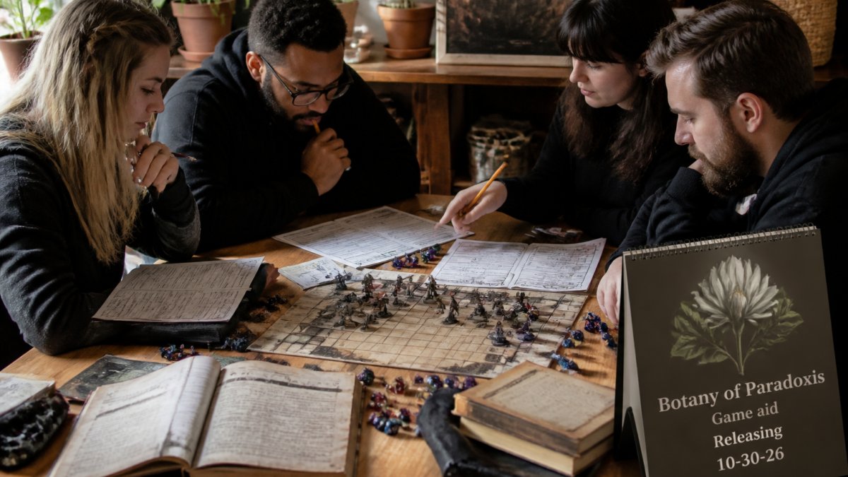 A group of players gathered around a table with character sheets, dice, and miniatures spread out, examining different character builds and discussing tactical options