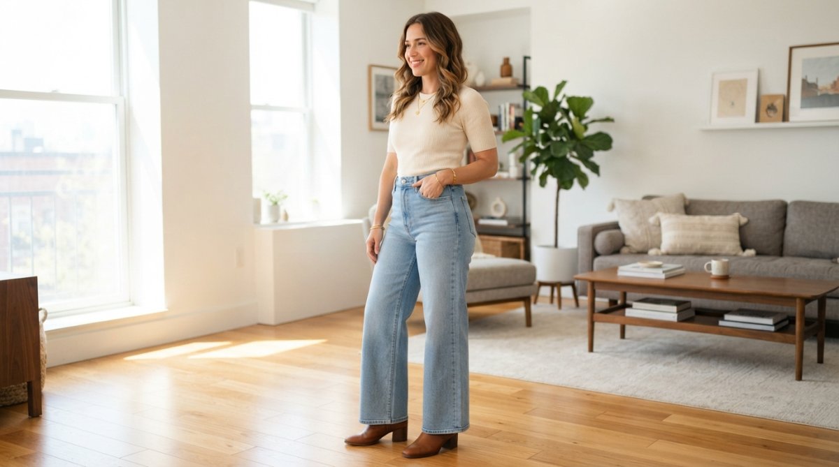 A woman in her late 20s wearing high-waisted wide-leg jeans in a light wash, standing in a bright modern apartment with natural light, showing the flattering silhouette and hip-lifting effect from a three-quarter angle