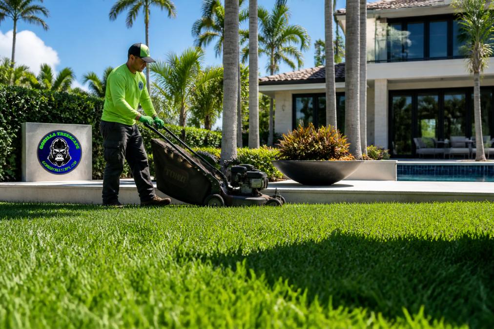 A well-maintained South Florida lawn with St. Augustine grass in the foreground, palm trees and a modern home in the background, bright sunny day, lush green turf